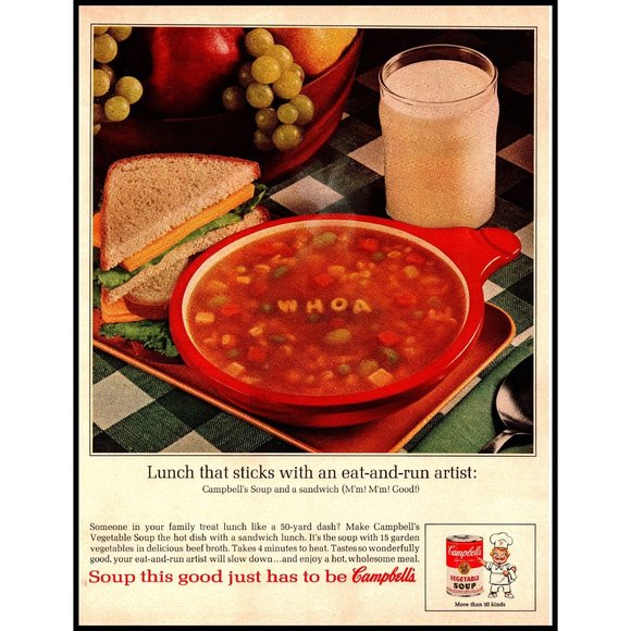 Campbell's Art 964 Campbells Vegetable Alphabet Soup Vintage Print Ad Red Bowl Milk Wall Art